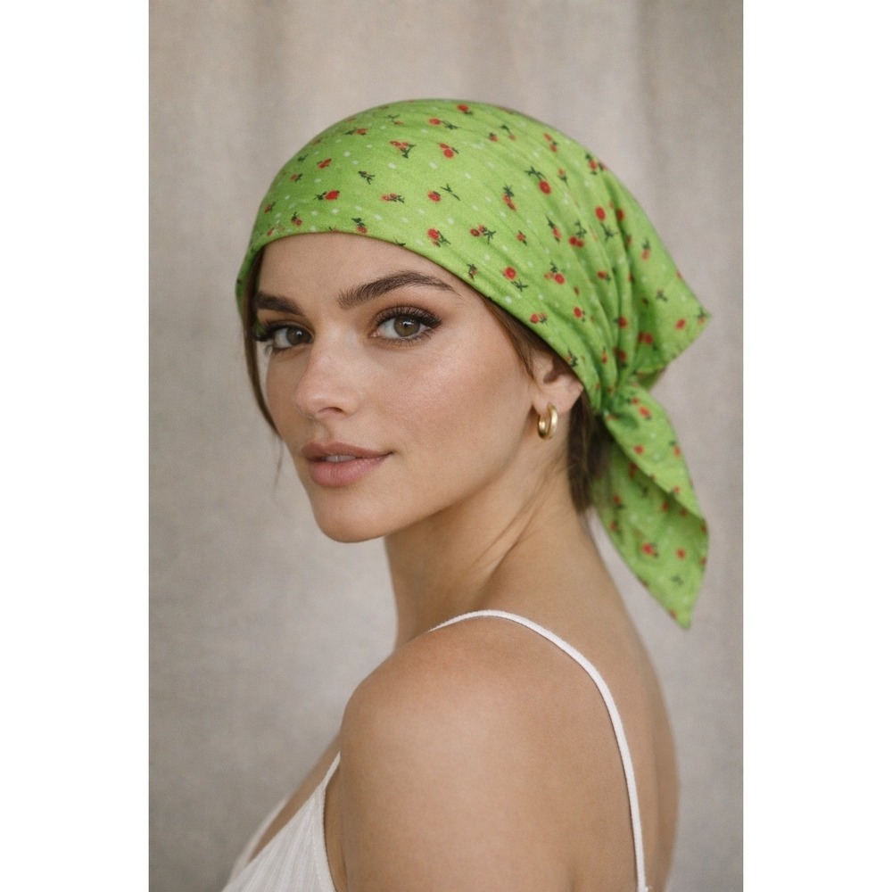 nOir Lime Green Floral Polka Dot Triangle Head Scarf Bandana Accessory